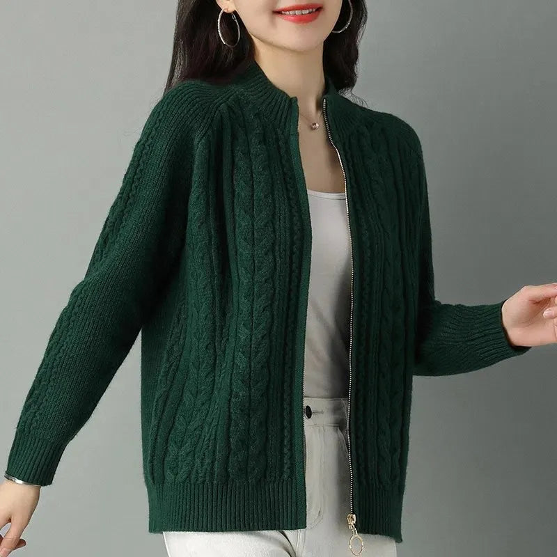 2025 Half High Collar Zipper Knitted Cardigan Jacket Women fall New korean Style  long Sleeve Cardigans Thicken Sweater Coat