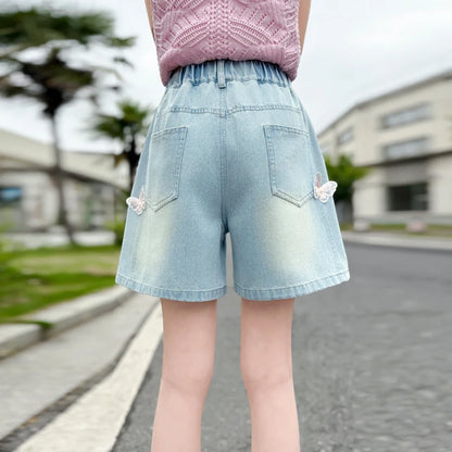 Girls summer style nailed side butterfly denim shorts thin 2025 new fashion denim hot pants casual sports shorts suitable for