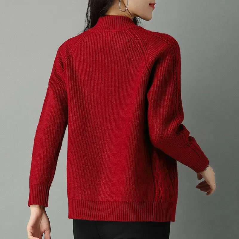 2025 Half High Collar Zipper Knitted Cardigan Jacket Women fall New korean Style  long Sleeve Cardigans Thicken Sweater Coat