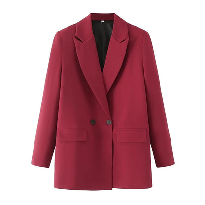 TRZA Women Chic Office Lady Double Breasted Blazer Vintage Coat Fashion Notched Collar Long Sleeve Ladies Outerwear Stylish Tops