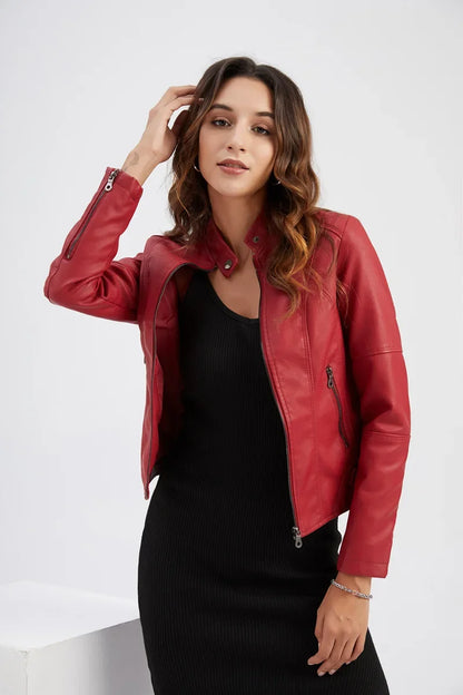 New women's leather jacket Slim jacket Thin section of the spring and autumn jacket Standing collar women's leather jacket