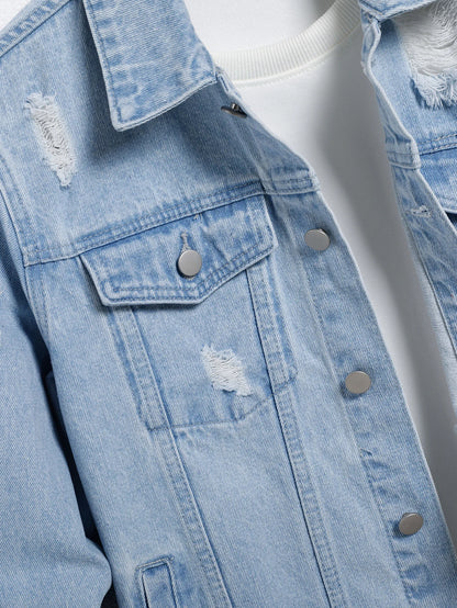 Men's light blue ripped denim jacket. Stylish and trendy. Street casual.