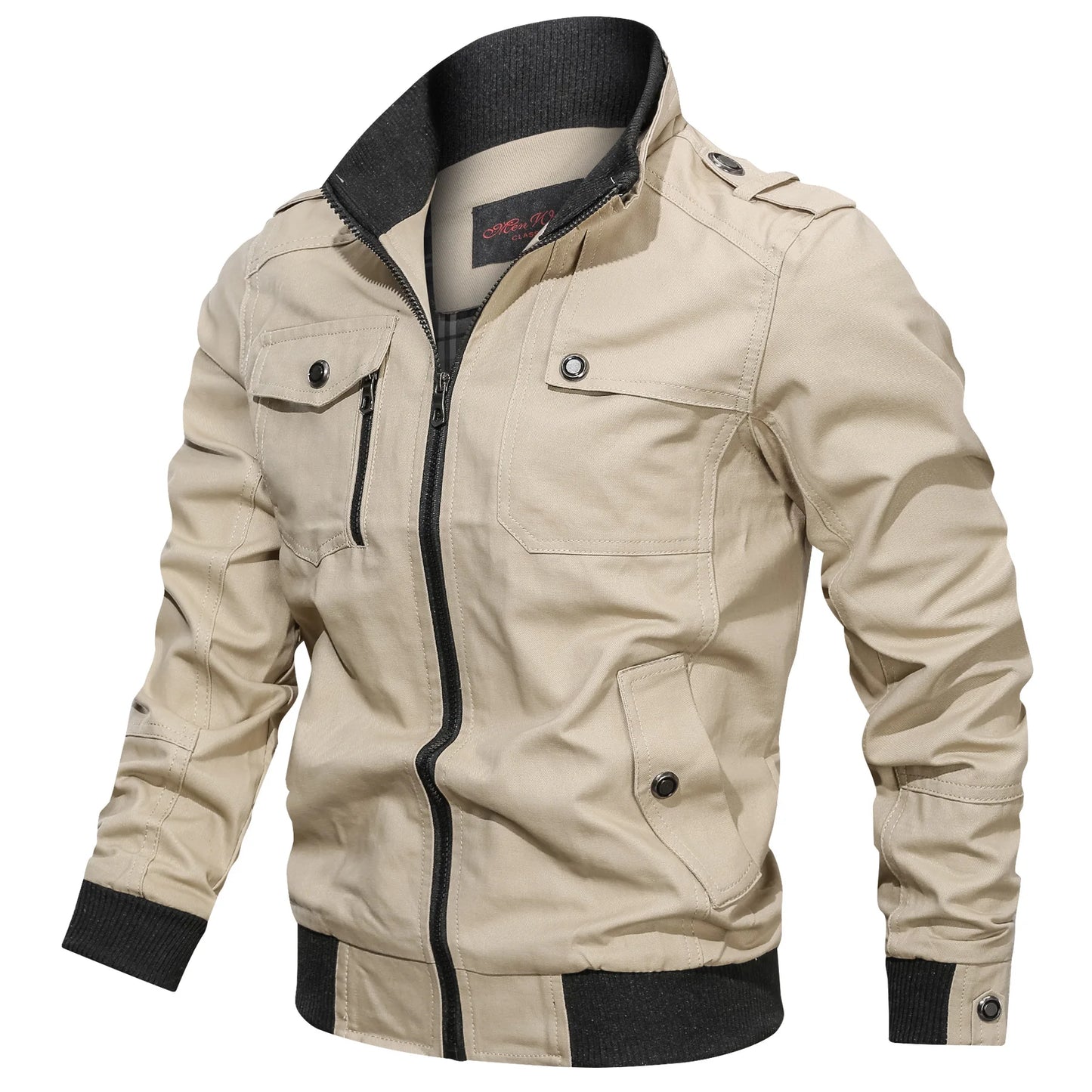 Casual solid color jacket, zippered pocket, stand up collar, oversized jacket, tough guy style, thin motorcycle top