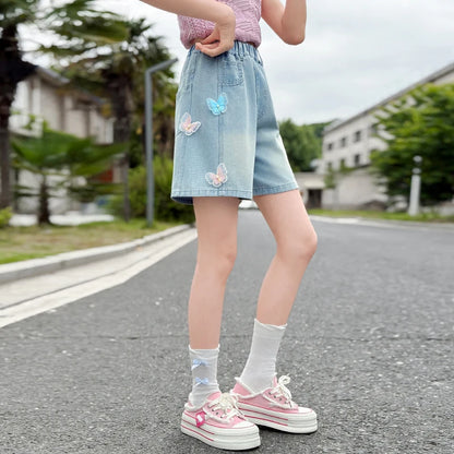 Girls summer style nailed side butterfly denim shorts thin 2025 new fashion denim hot pants casual sports shorts suitable for