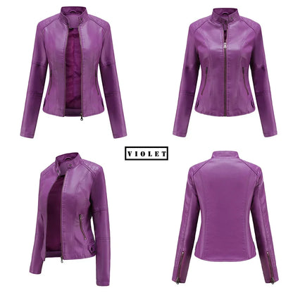 New women's leather jacket Slim jacket Thin section of the spring and autumn jacket Standing collar women's leather jacket