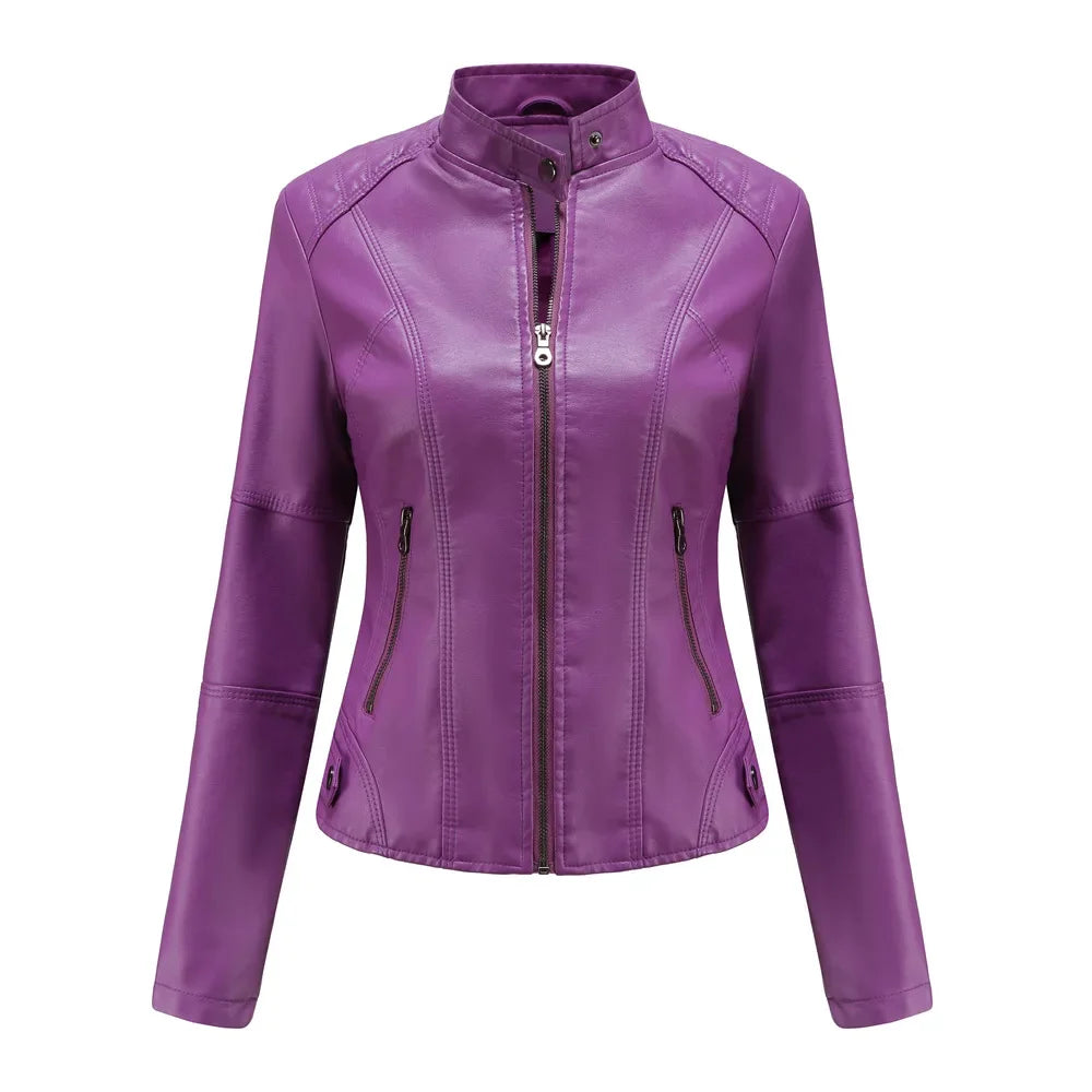New women's leather jacket Slim jacket Thin section of the spring and autumn jacket Standing collar women's leather jacket