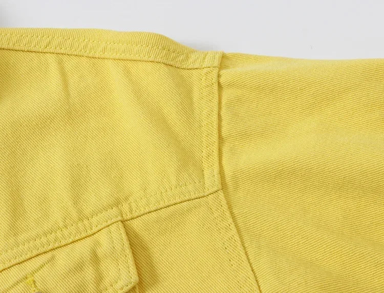 Yellow Women's Long Sleeve Jacket, Single Breasted Lapel Denim Jacket, Fashion Women's Tops Jacket Blue White Women's Coat