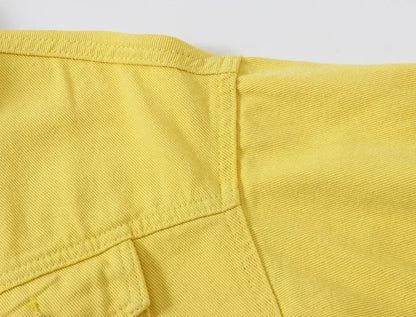 Yellow Women's Long Sleeve Jacket, Single Breasted Lapel Denim Jacket, Fashion Women's Tops Jacket Blue White Women's Coat