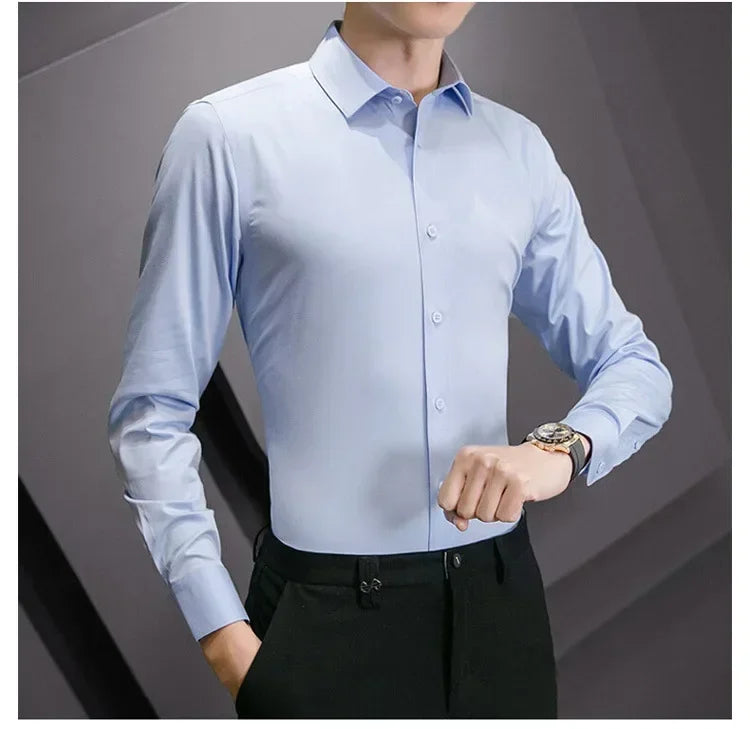 New Plus Size 8XL Men Solid Color Business Shirt Long Sleeve Shirt Fashion Classic Basic Casual Slim White Spring Autumn