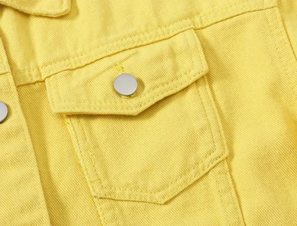 Yellow Women's Long Sleeve Jacket, Single Breasted Lapel Denim Jacket, Fashion Women's Tops Jacket Blue White Women's Coat