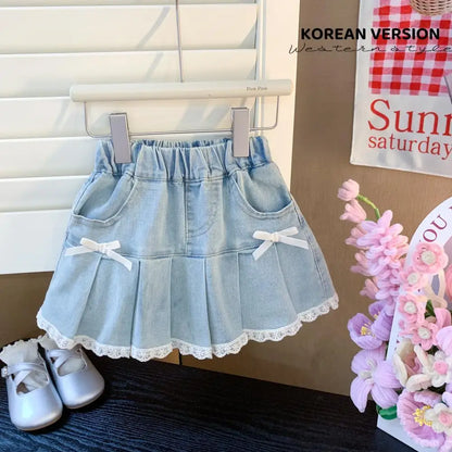 Girls Summer Denim Skirt Baby Girl Korean New Style Cute Bow Lace Pleated Skirt
