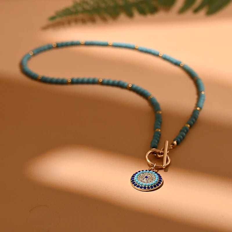 4mm Colorful Stone Choker Necklace for Women Round Evil Charm Pendant Necklace Fashion New Daily Jewelry