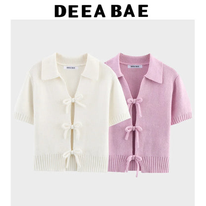 DEEABAE Women's Korean Casual Style Sweet And Pure Desire Bow Decoration Knitted Short Sleeved Lapel Top