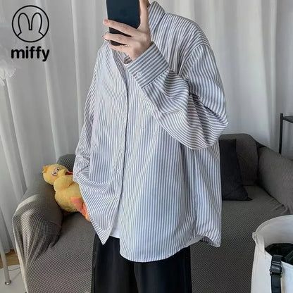 Japanese striped long-sleeved shirt boys simple trend literary fan lining clothes spring and autumn casual coat couple...