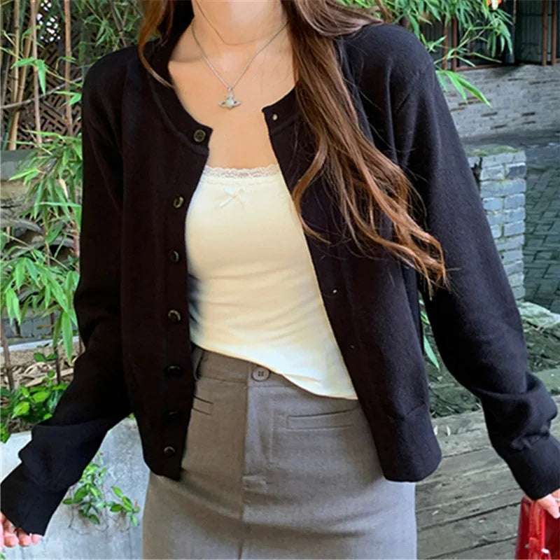Women's Long Sleeve 2025 Cardigan O Neck Button Down Knit Lady Autumn Spring Knitted Single-breasted Cardigan Sweaters