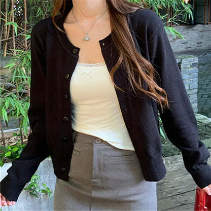 Women's Long Sleeve 2025 Cardigan O Neck Button Down Knit Lady Autumn Spring Knitted Single-breasted Cardigan Sweaters