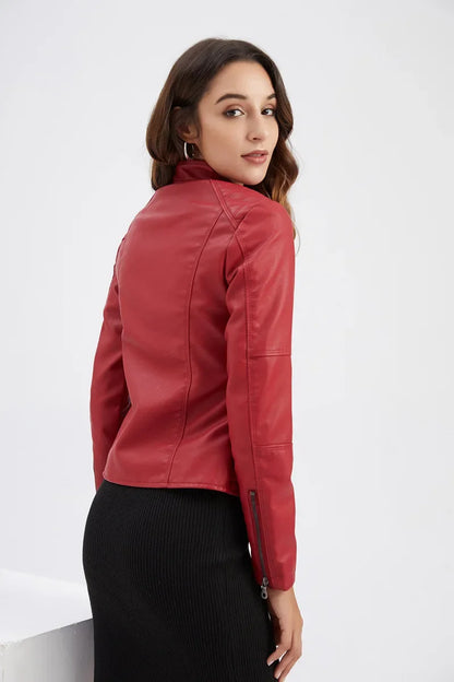 New women's leather jacket Slim jacket Thin section of the spring and autumn jacket Standing collar women's leather jacket
