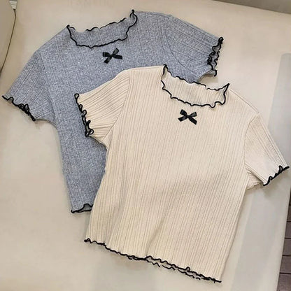 Girl Baby Thin Knit Ruffle Lace Short Sleeve T-shirts 2025 Summer New Girls Kids Bow Tops Sweet Cute Student Children Clothing