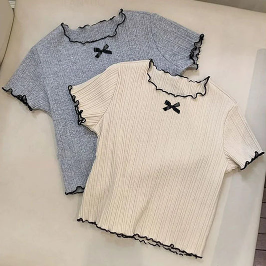 Girl Baby Thin Knit Ruffle Lace Short Sleeve T-shirts 2025 Summer New Girls Kids Bow Tops Sweet Cute Student Children Clothing