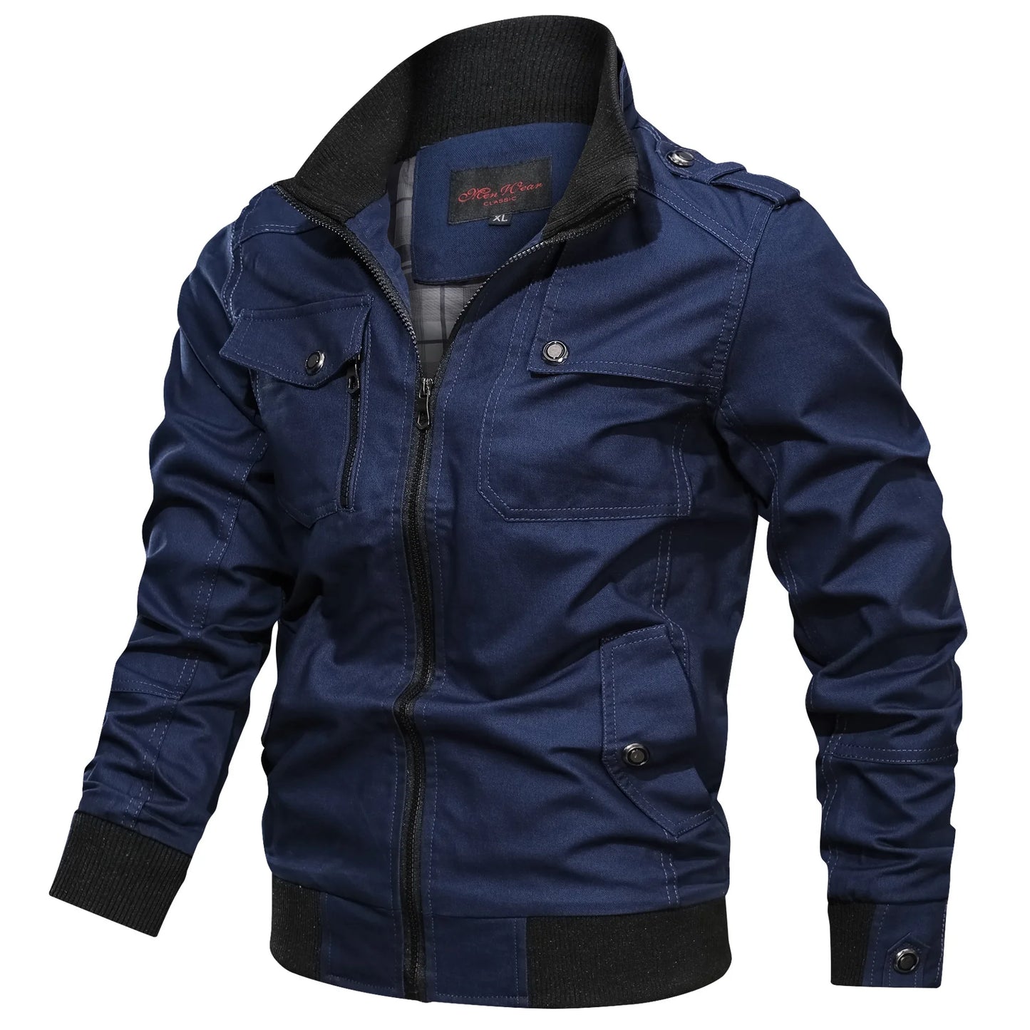 Casual solid color jacket, zippered pocket, stand up collar, oversized jacket, tough guy style, thin motorcycle top