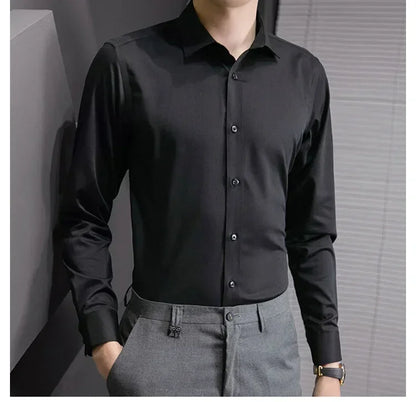New Plus Size 8XL Men Solid Color Business Shirt Long Sleeve Shirt Fashion Classic Basic Casual Slim White Spring Autumn