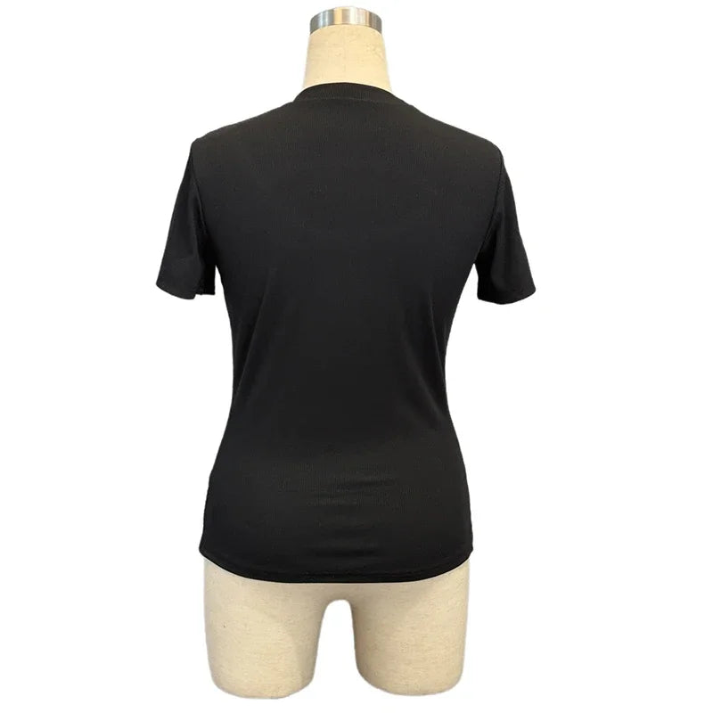 Sexy Short Sleeve Hollow Out Tops Female Black Slim Tee Basic T Shirt Women Elegant Slim Tops