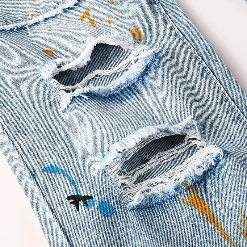 Men's High Street Distressed Washed Light Blue Non-Stretch Damaged Holes Spray Paint Slim Fit Jeans Pants