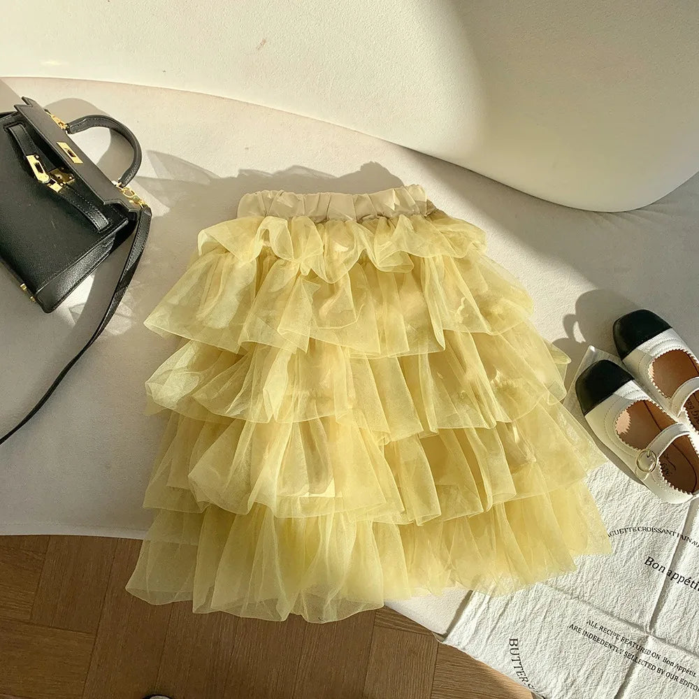 Bear Leader 2025 Summer New Girls' Half Skirt Korean Version Fashion Solid Color Cake Skirts Holiday Leisure Children's Clothing