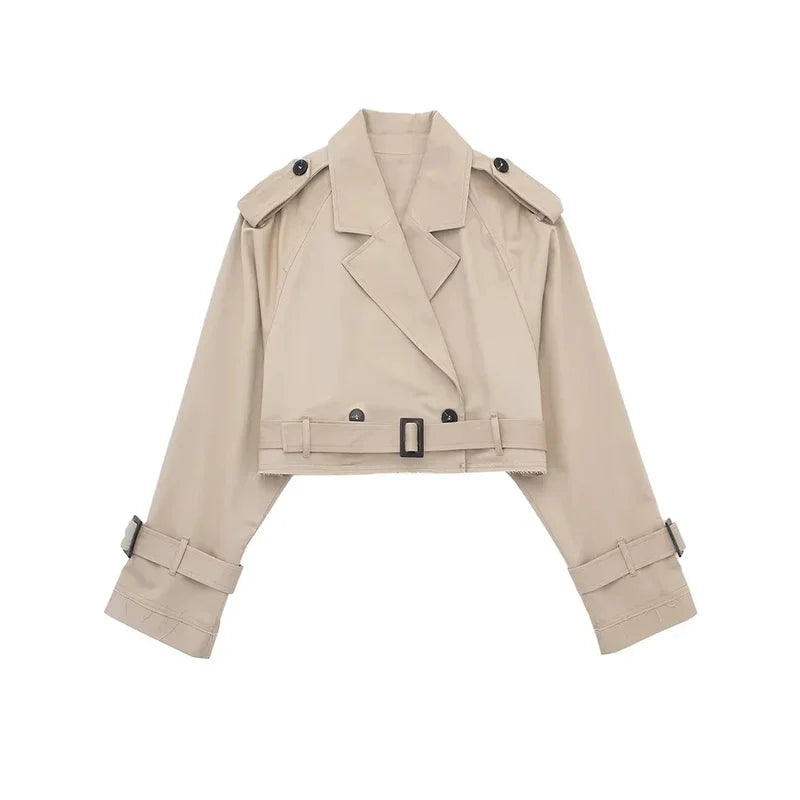 2025 Cropped Trench Coat with Belt - Vintage Double Breasted Spring Jacket for Women| Streetwear Outerwear