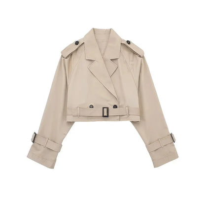 2025 Cropped Trench Coat with Belt - Vintage Double Breasted Spring Jacket for Women| Streetwear Outerwear