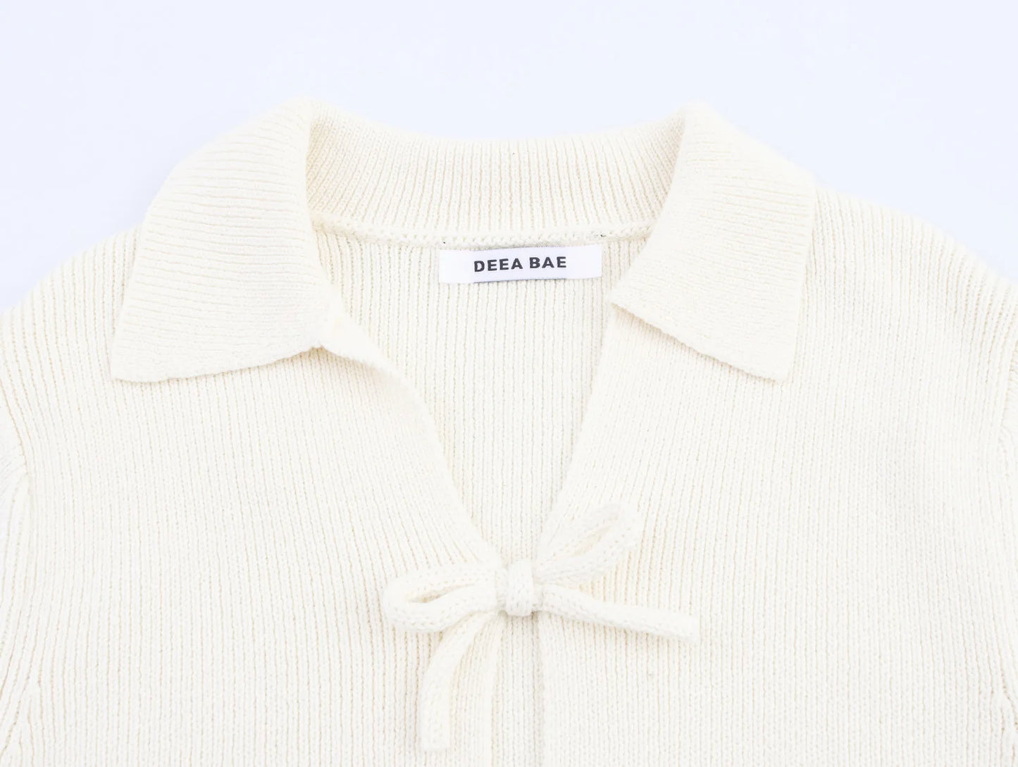 DEEABAE Women's Korean Casual Style Sweet And Pure Desire Bow Decoration Knitted Short Sleeved Lapel Top