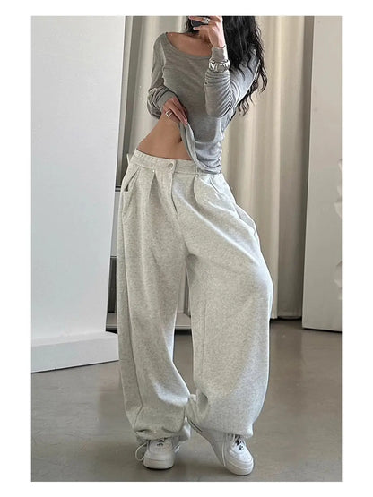 American Vintage Sweatpants Women Simple Classic Stretch High Waist Trousers Loos Lazy Jazz Hip Hop Dance Wide Leg Pants