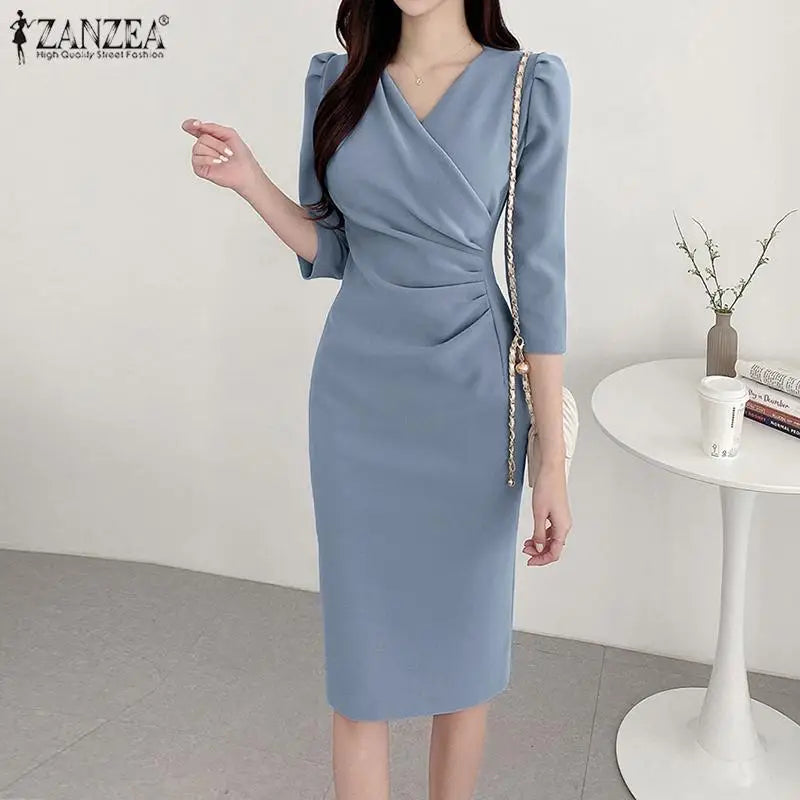 ZANZEA Summer Fashion Womens Dress Sexy Solid Color Knee Length Bodycon Sundress Elegant 3/4 Sleeve V-Neck Work OL Vestidos 2025