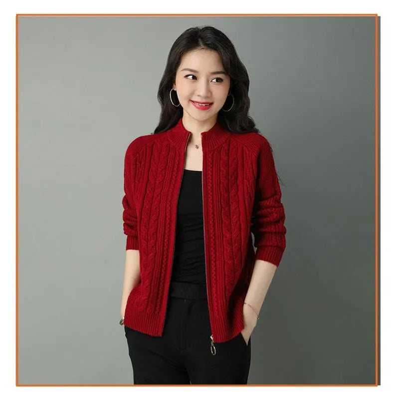 2025 Half High Collar Zipper Knitted Cardigan Jacket Women fall New korean Style  long Sleeve Cardigans Thicken Sweater Coat