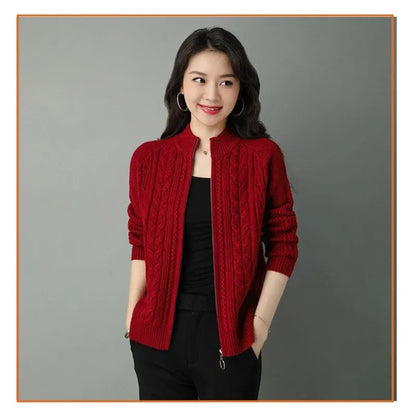 2025 Half High Collar Zipper Knitted Cardigan Jacket Women fall New korean Style  long Sleeve Cardigans Thicken Sweater Coat