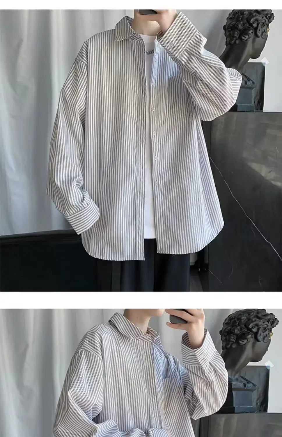 Japanese striped long-sleeved shirt boys simple trend literary fan lining clothes spring and autumn casual coat couple...