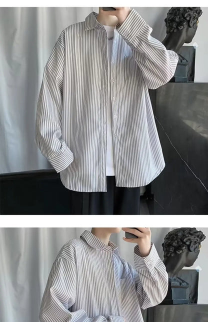 Japanese striped long-sleeved shirt boys simple trend literary fan lining clothes spring and autumn casual coat couple...