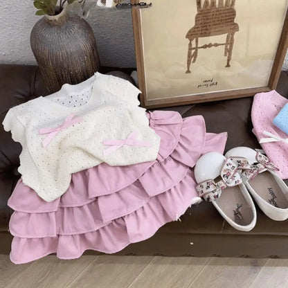 Casual Korean Style Girl's Half Body Skirt Summer Cute Bow Flower Bud Skirt Cake Skirts Sweet Children's Short Skirt Daily