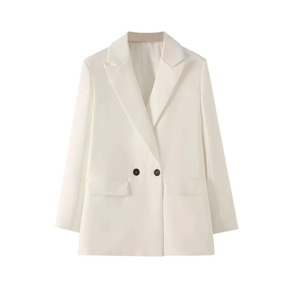 TRZA Women Chic Office Lady Double Breasted Blazer Vintage Coat Fashion Notched Collar Long Sleeve Ladies Outerwear Stylish Tops