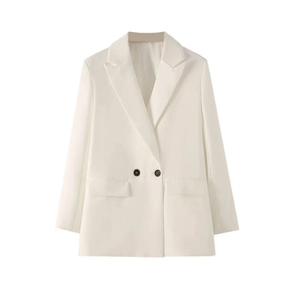 TRZA Women Chic Office Lady Double Breasted Blazer Vintage Coat Fashion Notched Collar Long Sleeve Ladies Outerwear Stylish Tops