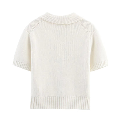 DEEABAE Women's Korean Casual Style Sweet And Pure Desire Bow Decoration Knitted Short Sleeved Lapel Top