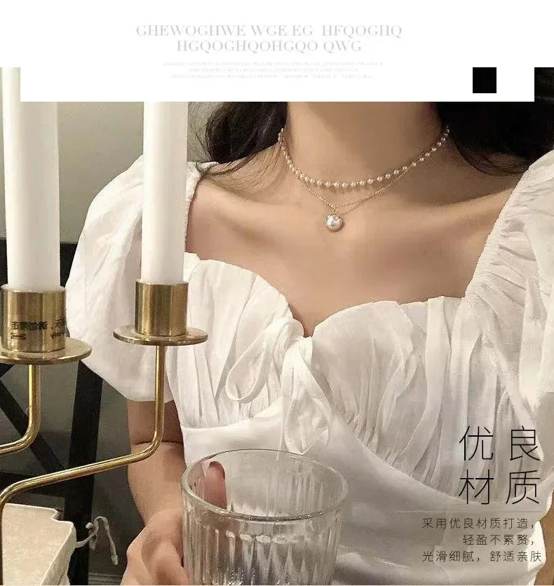2025 New Women's Pearl Necklace Kpop Gold Color Beads Pendant Necklaces Goth Double Layer Chain Choker for Women Fashion Jewelry