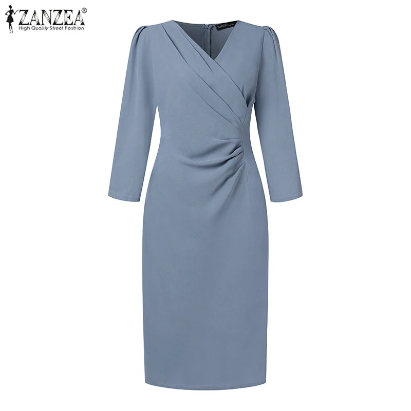 ZANZEA Summer Fashion Womens Dress Sexy Solid Color Knee Length Bodycon Sundress Elegant 3/4 Sleeve V-Neck Work OL Vestidos 2025