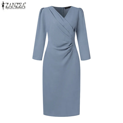 ZANZEA Summer Fashion Womens Dress Sexy Solid Color Knee Length Bodycon Sundress Elegant 3/4 Sleeve V-Neck Work OL Vestidos 2025