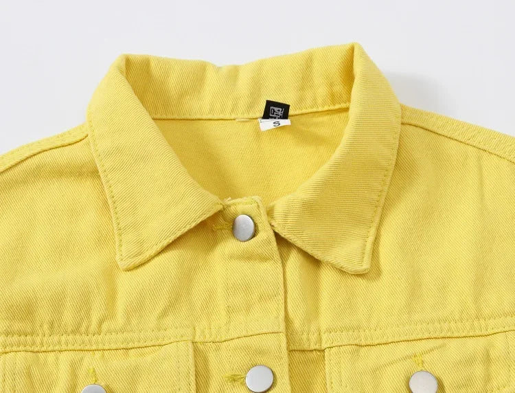 Yellow Women's Long Sleeve Jacket, Single Breasted Lapel Denim Jacket, Fashion Women's Tops Jacket Blue White Women's Coat
