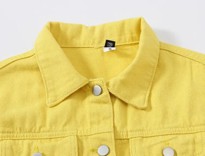 Yellow Women's Long Sleeve Jacket, Single Breasted Lapel Denim Jacket, Fashion Women's Tops Jacket Blue White Women's Coat
