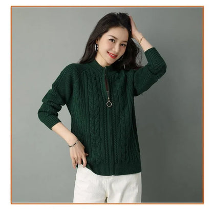 2025 Half High Collar Zipper Knitted Cardigan Jacket Women fall New korean Style  long Sleeve Cardigans Thicken Sweater Coat