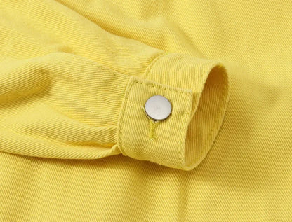 Yellow Women's Long Sleeve Jacket, Single Breasted Lapel Denim Jacket, Fashion Women's Tops Jacket Blue White Women's Coat