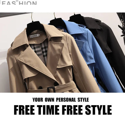 Women Fashion Trench New Coat Spring Autumn Korean Long Sleeve With Belt Jackets Solid British Style Coats Women's Chic Outwear