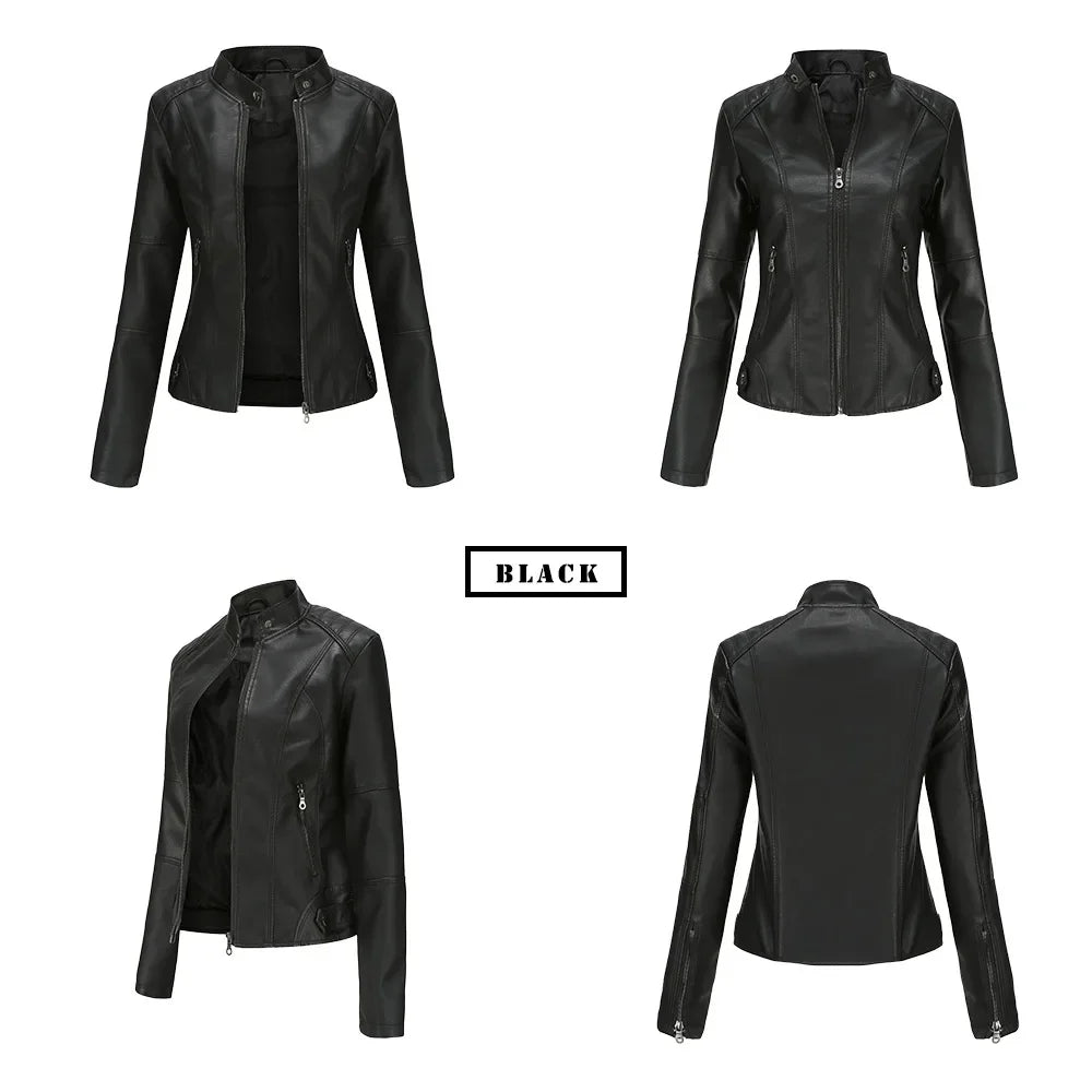 New women's leather jacket Slim jacket Thin section of the spring and autumn jacket Standing collar women's leather jacket